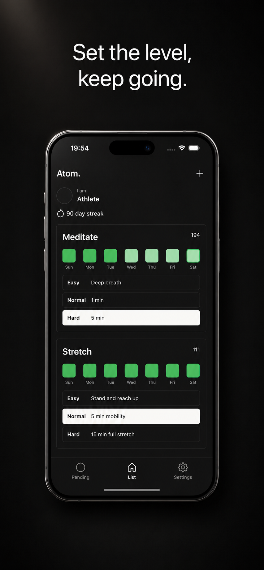 Atom habit list with weekly grass calendar and Easy/Normal/Hard logging