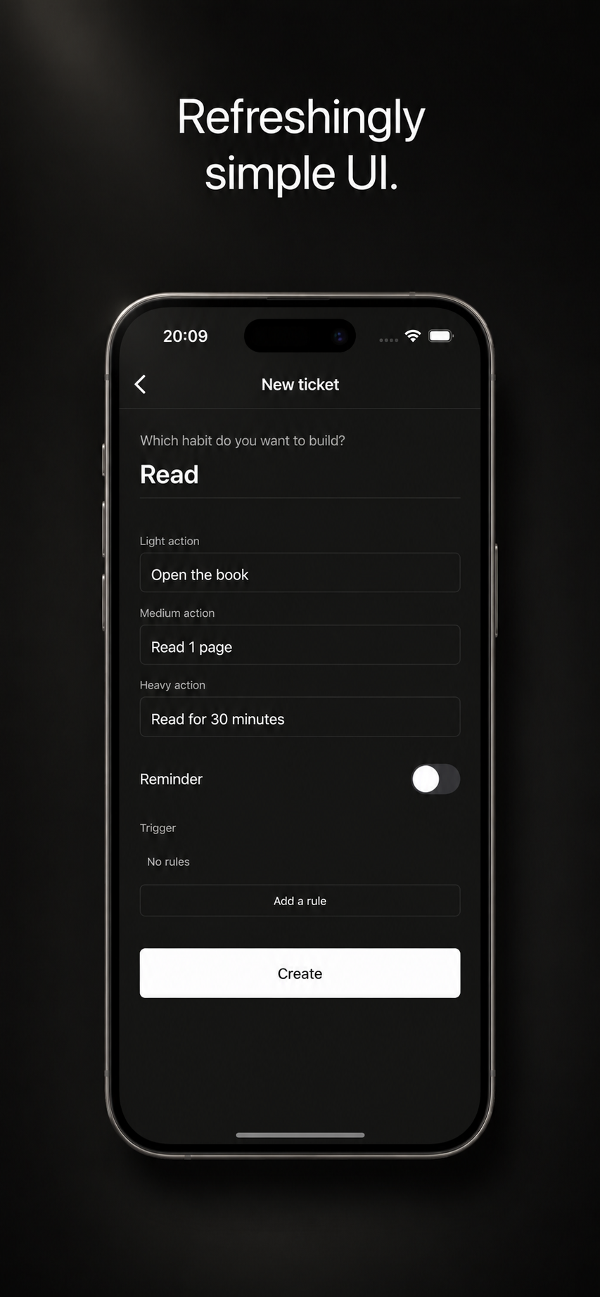 Atom new habit ticket screen with light/medium/heavy actions