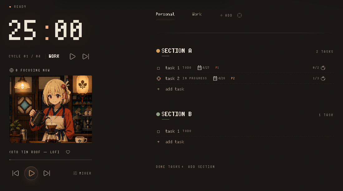 Lofi Station running in a browser: a 25:00 pomodoro timer and the lofi music player on the left, today’s task list on the right, all on one screen