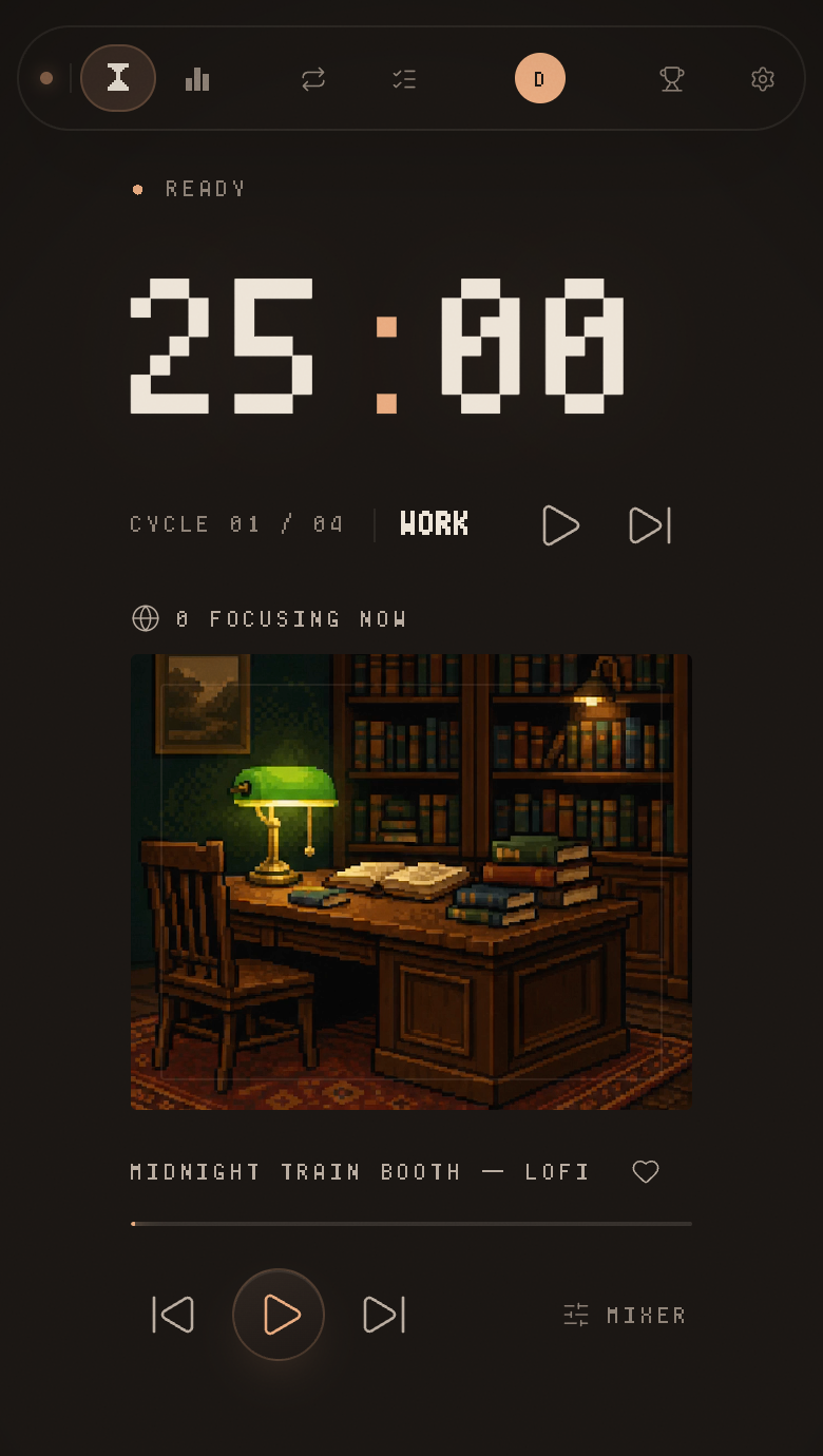Lofi Station shown in a mobile browser, with the pomodoro timer and player fitted to a portrait screen