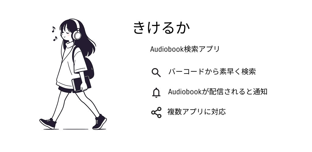 kikeruka — an audiobook search app. A girl in headphones walks holding a book, next to captions for barcode search, release notifications and multi-service support