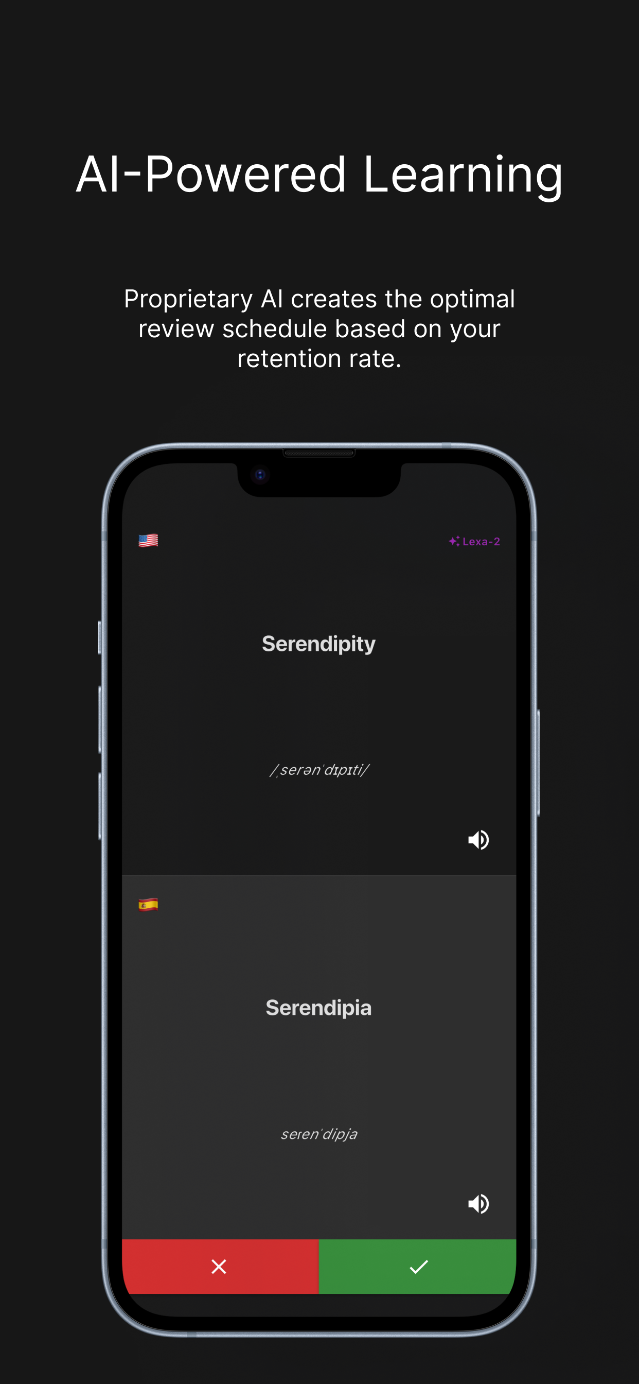 The LangDict review screen: the English card “Serendipity” and the Spanish card “Serendipia”, both with phonetic transcriptions, and the Lexa model name in the top right