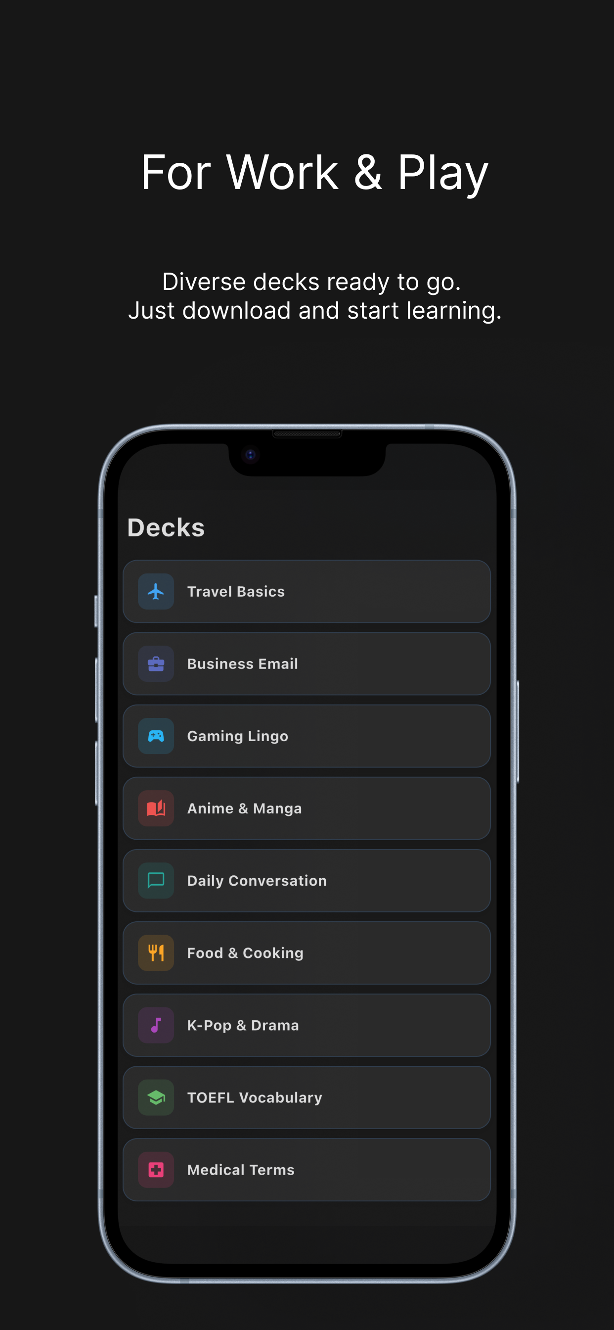 The LangDict deck generation screen: a topic produces a whole deck, and unwanted cards can be dropped in the preview